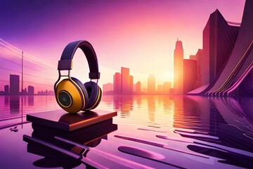 yellow purple headphones on purple sunset city background, generative ai