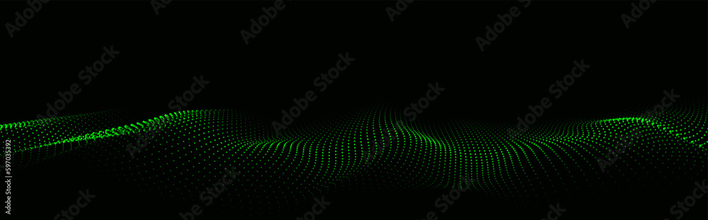 Poster Dynamic green particle wave. Futuristic point glowing wave. Flow digital structure. Data technology background. Vector illustration.