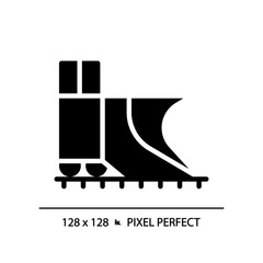 Snowplow train pixel perfect black glyph icon. Steam engine. Railroad snow removal equipment. Rail cleaning. Silhouette symbol on white space. Solid pictogram. Vector isolated illustration