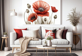 Sofa in a bright room, in the background is a picture with red poppies. Genarated AI