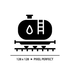 Tank car pixel perfect black glyph icon. Gasoline transportation. Railroad wagon. Diesel fuel. Liquid cargo. Silhouette symbol on white space. Solid pictogram. Vector isolated illustration