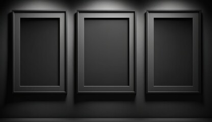 Three blank black frames with a ratio 2: 3 mockup on a blank black wall , Generative AI	 - obrazy, fototapety, plakaty