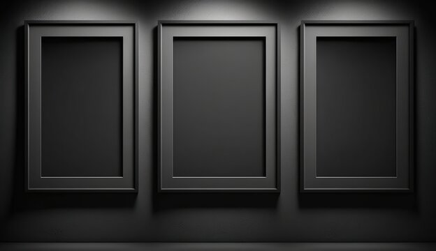 Three blank black frames with a ratio 2: 3 mockup on a blank black wall , Generative AI	