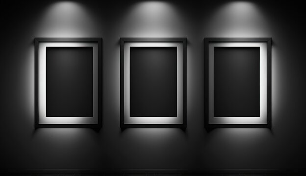 Three blank black frames with a ratio 2: 3 mockup on a blank black wall , Generative AI	