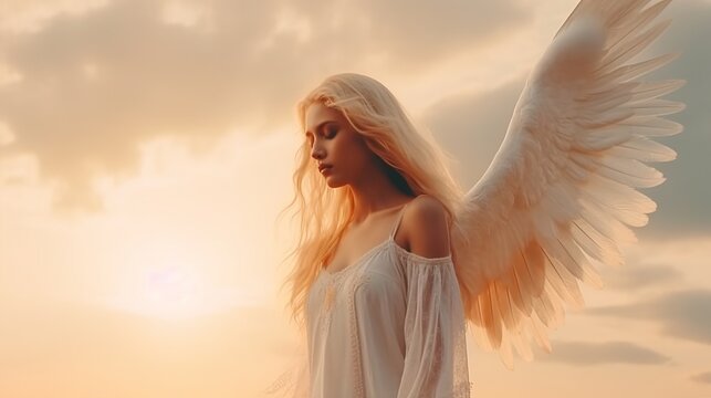 beautiful pretty angel is guiding people from heaven , Generative AI