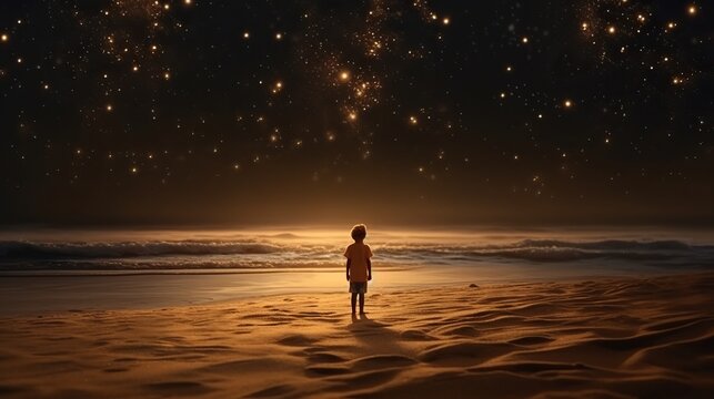 A child looking at the stars on the beach, in the style of light amber and gold , Generative AI	