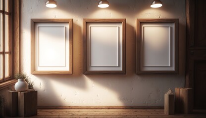 3 blank wood frames with a ratio 2: 3 mockup on a blank wall , Generative AI