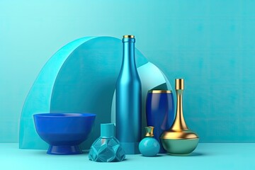 collection of blue and gold vases and bowls in a well-lit room. Generative AI