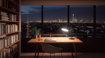 modern setup interior with table, chair and view of Paris at night