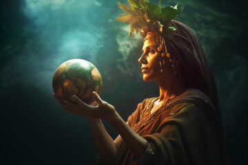 Naklejka premium mother earth giving food to the planet, fictional person created with generative ai
