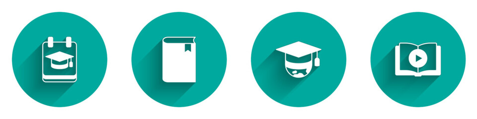 Set Online education, Book, Graduation cap globe and Audio book icon with long shadow. Vector