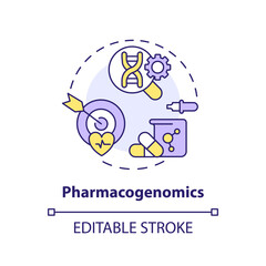 Pharmacogenomics concept icon. Genes affect on responding to medications. Healthcare innovations. Genomic medicine abstract idea thin line illustration. Isolated outline drawing. Editable stroke