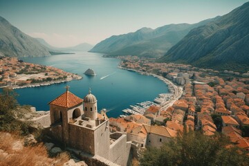Stunning view of Kotor old town, Adriatic sea, Bay of Kotor & Dinaric Alps from San Giovanni Fortress; sunny day. Generative AI