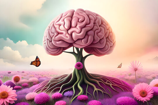 illustration of tree shaped brain with flower and butterflies, generative AI