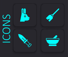 Set Witch cauldron, Rabbit with ears, Witches broom and Dagger icon. Black square button. Vector