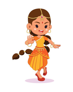 Cute style Indian woman dancer performing traditional dance cartoon illustration