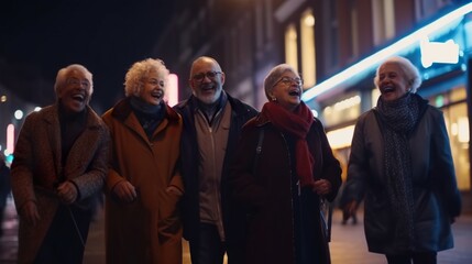 Generative ai , group of friends enjoying a city tour at night sightseeing