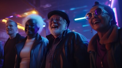 Generative ai, group of senior friends having fun in a discotheque with neon lights