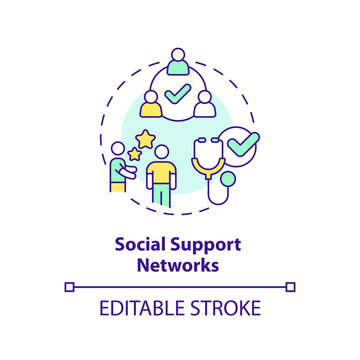 Social support networks concept icon. Promote good health and prevent illness. Public determinant of health abstract idea thin line illustration. Isolated outline drawing. Editable stroke