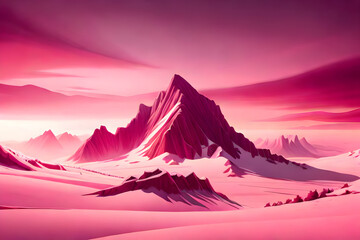 Fototapeta na wymiar illustration landscape with mountains of pink color, generative AI