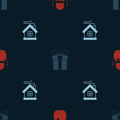 Set Christmas snowman, Gift box and Merry house on seamless pattern. Vector