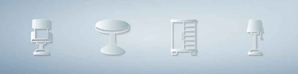 Set Office chair, Round table, Wardrobe and Floor lamp. Paper art style. Vector