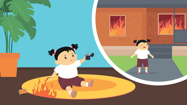 Little girl playing in the backyard with a fire. Vector illustration.