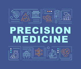 Precision medicine word concepts dark blue banner. Gene analysis. Infographics with editable icons on color background. Isolated typography. Vector illustration with text. Arial-Black font used