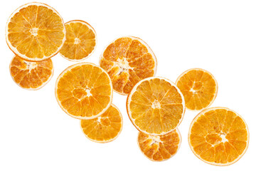 Levitation of dry orange slices isolated on transparent background.