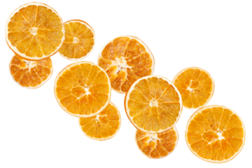 Levitation of dry orange slices isolated on transparent background.