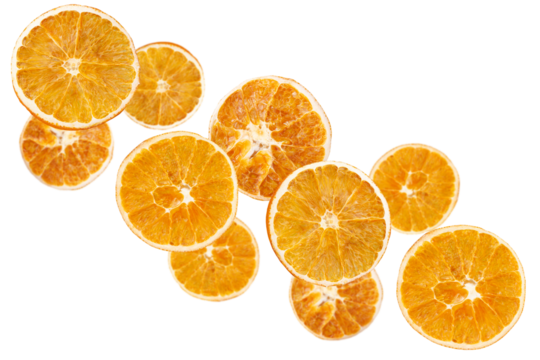 Levitation of dry orange slices isolated on transparent background.