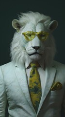 Lion in a white suit with glasses and tie -- Generative AI