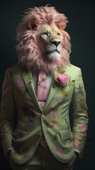 Lion in a pink suit with glasses and tie -- Generative AI