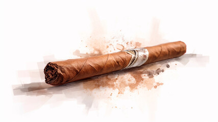 A cuban cigar with watercolor splashes on white background. generative ai. - obrazy, fototapety, plakaty