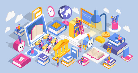 Modern flat design isometric concept of learning and reading books. Online education landing page template. Training courses, tutorials, lectures. Can use for web banner, infographics, and website. Ve