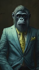 Gorilla in a blue suit with glasses and tie -- Generative AI