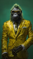 Gorilla in a gold suit with glasses and tie -- Generative AI