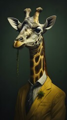 Giraffe in a black suit with glasses and tie -- Generative AI