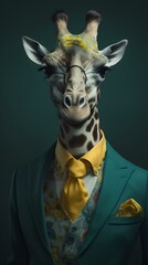 Giraffe in a blue suit with glasses and tie -- Generative AI