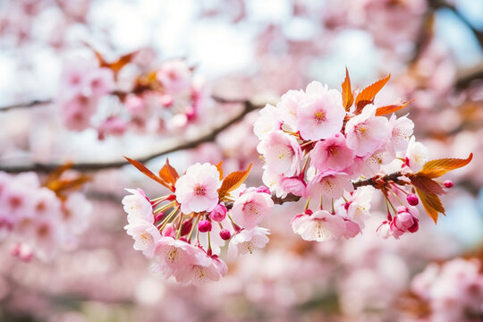満開の桜のアップとボケ足の美しいサクラの背景 Generative AI