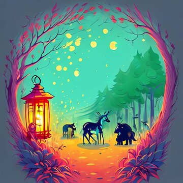 Vector illustration of a horse and lantern in the night forest. Digital art style with AI Generated, illustration painting