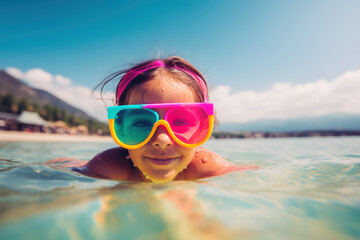 Girl swimming in the sea with colored glasses. generate by ai