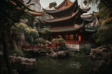Temple by Chinese river. Generative AI