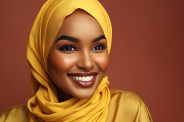 Young woman smiling with yellow arabic veil. generate by ai