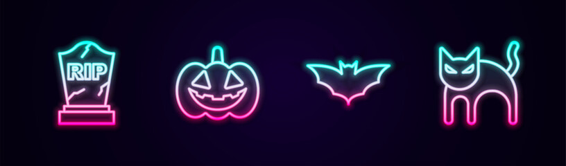 Set line Tombstone with RIP written, Pumpkin, Flying bat and Black cat. Glowing neon icon. Vector