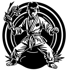 Karate kid emblem logo in black and white, vector illustration of a martial artist 