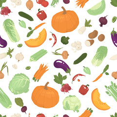 Endless, seamless pattern with different types of vegetables. Decor for kitchen, grocery store, farm products. Vector illustration. Transparent background.
