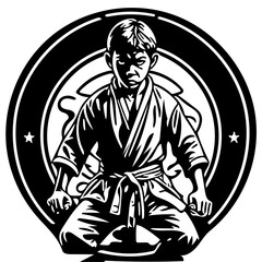Fototapeta na wymiar Karate kid emblem logo in black and white, vector illustration of a martial artist 