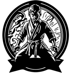 Karate kid emblem logo in black and white, vector illustration of a martial artist 