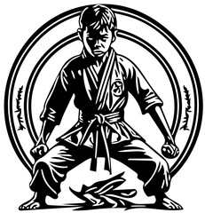 Karate kid emblem logo in black and white, vector illustration of a martial artist 